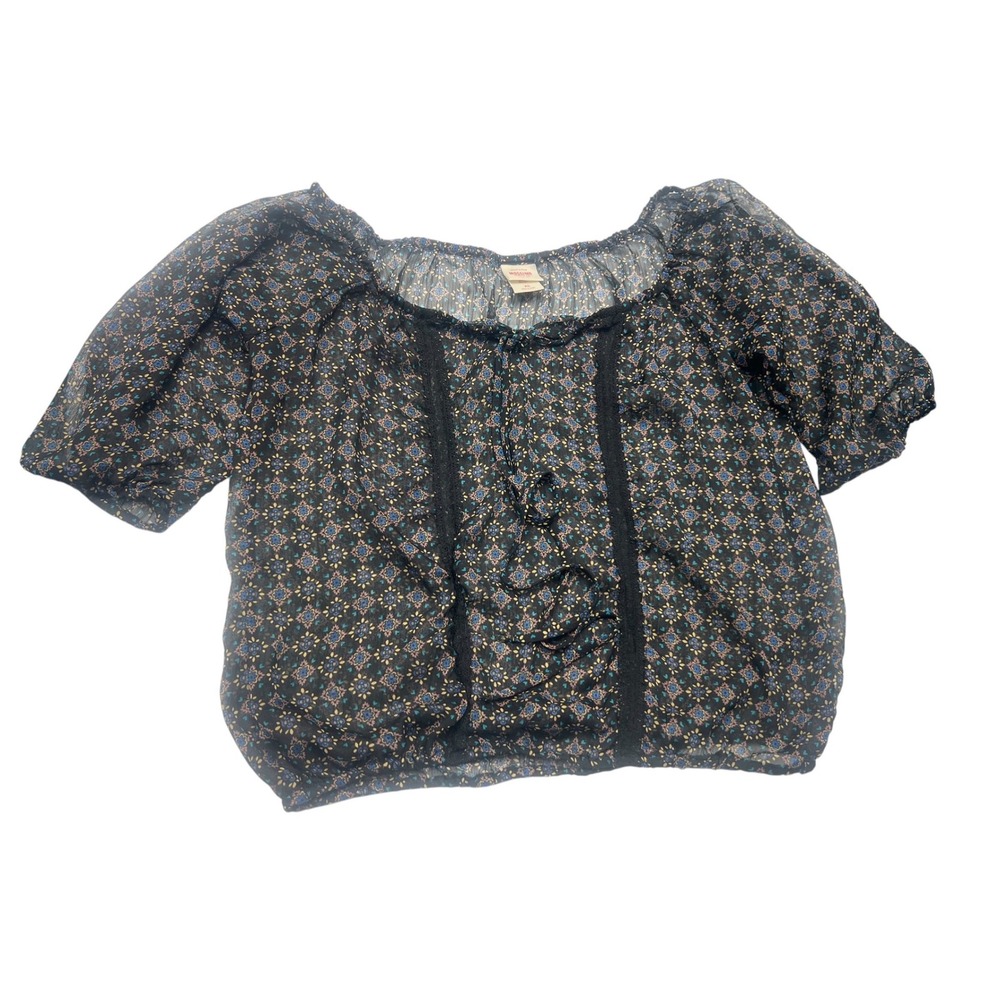 Mossimo Supply Co Sheer Y2K‎ Peasant Top Black Floral Lace Trim Blouse XS